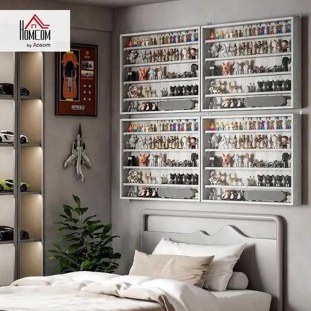 Alt view image 2 of 7 - 5-Tier Wall Mounted Display Cabinet Glass Doors 60x80cm Gray | Display Case, 4 Adjustable Shelves, for Home Office Ornaments