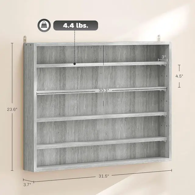 Alt view image 3 of 7 - 5-Tier Wall Mounted Display Cabinet Glass Doors 60x80cm Gray | Display Case, 4 Adjustable Shelves, for Home Office Ornaments