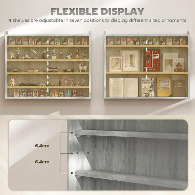 Alt view image 4 of 7 - 5-Tier Wall Mounted Display Cabinet Glass Doors 60x80cm Gray | Display Case, 4 Adjustable Shelves, for Home Office Ornaments