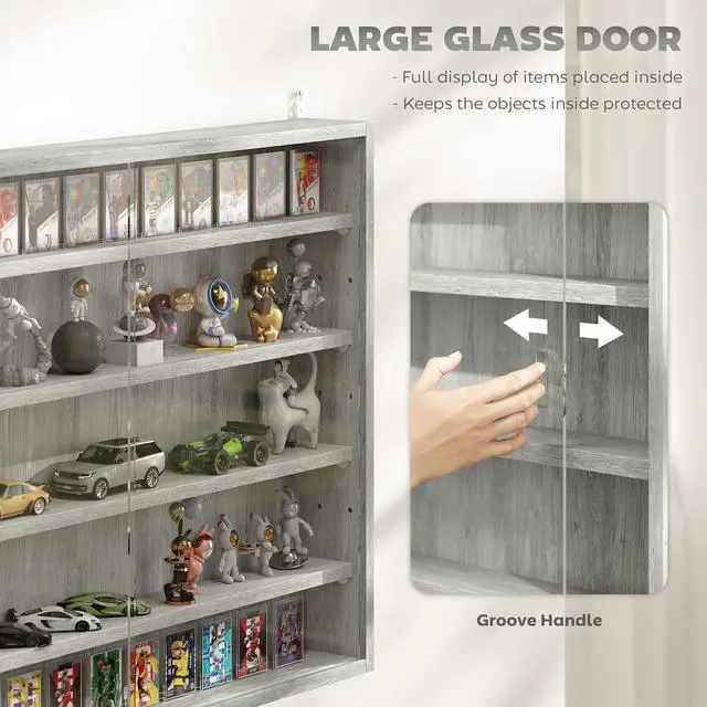 Alt view image 5 of 7 - 5-Tier Wall Mounted Display Cabinet Glass Doors 60x80cm Gray | Display Case, 4 Adjustable Shelves, for Home Office Ornaments