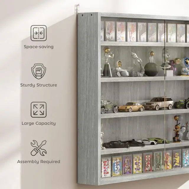 Alt view image 6 of 7 - 5-Tier Wall Mounted Display Cabinet Glass Doors 60x80cm Gray | Display Case, 4 Adjustable Shelves, for Home Office Ornaments