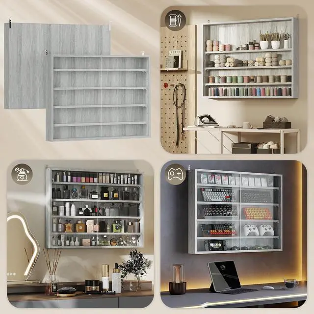 Alt view image 7 of 7 - 5-Tier Wall Mounted Display Cabinet Glass Doors 60x80cm Gray | Display Case, 4 Adjustable Shelves, for Home Office Ornaments