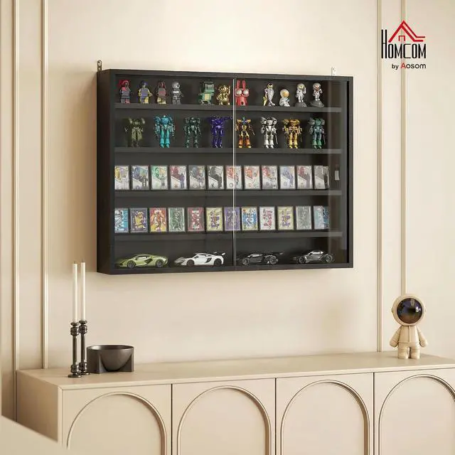 Alt view image 2 of 7 - 5-Tier Wall Mounted Display Cabinet Glass Doors 60x80cm Jet Black | Display Case, 4 Adjustable Shelves, for Home Office Ornaments