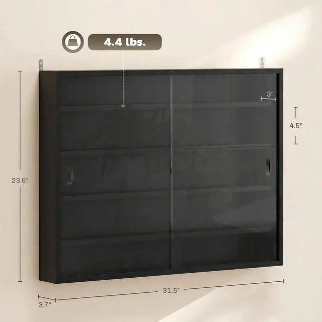 Alt view image 3 of 7 - 5-Tier Wall Mounted Display Cabinet Glass Doors 60x80cm Jet Black | Display Case, 4 Adjustable Shelves, for Home Office Ornaments