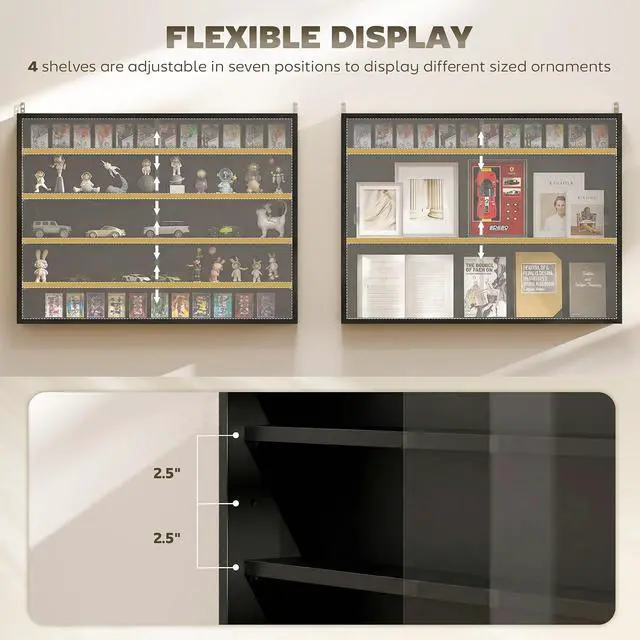 Alt view image 4 of 7 - 5-Tier Wall Mounted Display Cabinet Glass Doors 60x80cm Jet Black | Display Case, 4 Adjustable Shelves, for Home Office Ornaments