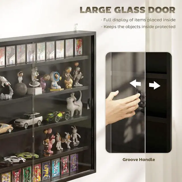 Alt view image 5 of 7 - 5-Tier Wall Mounted Display Cabinet Glass Doors 60x80cm Jet Black | Display Case, 4 Adjustable Shelves, for Home Office Ornaments