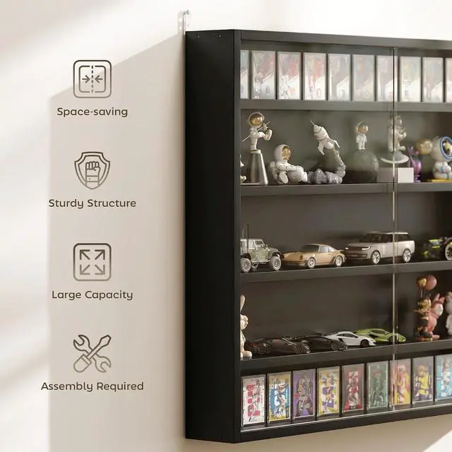 Alt view image 6 of 7 - 5-Tier Wall Mounted Display Cabinet Glass Doors 60x80cm Jet Black | Display Case, 4 Adjustable Shelves, for Home Office Ornaments