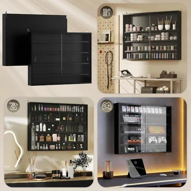 Alt view image 7 of 7 - 5-Tier Wall Mounted Display Cabinet Glass Doors 60x80cm Jet Black | Display Case, 4 Adjustable Shelves, for Home Office Ornaments