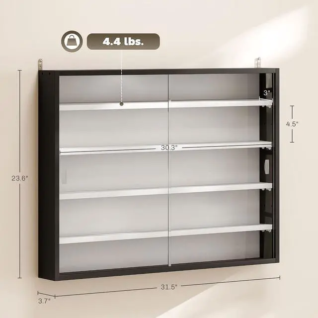 Alt view image 3 of 7 - 5-Tier Wall Mounted Display Cabinet Glass Doors 60x80cm Black/White | Display Case, 4 Adjustable Shelves, for Home Office Ornaments