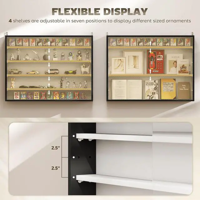 Alt view image 4 of 7 - 5-Tier Wall Mounted Display Cabinet Glass Doors 60x80cm Black/White | Display Case, 4 Adjustable Shelves, for Home Office Ornaments