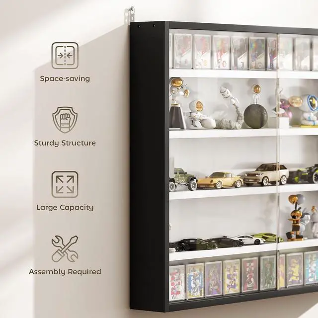 Alt view image 6 of 7 - 5-Tier Wall Mounted Display Cabinet Glass Doors 60x80cm Black/White | Display Case, 4 Adjustable Shelves, for Home Office Ornaments