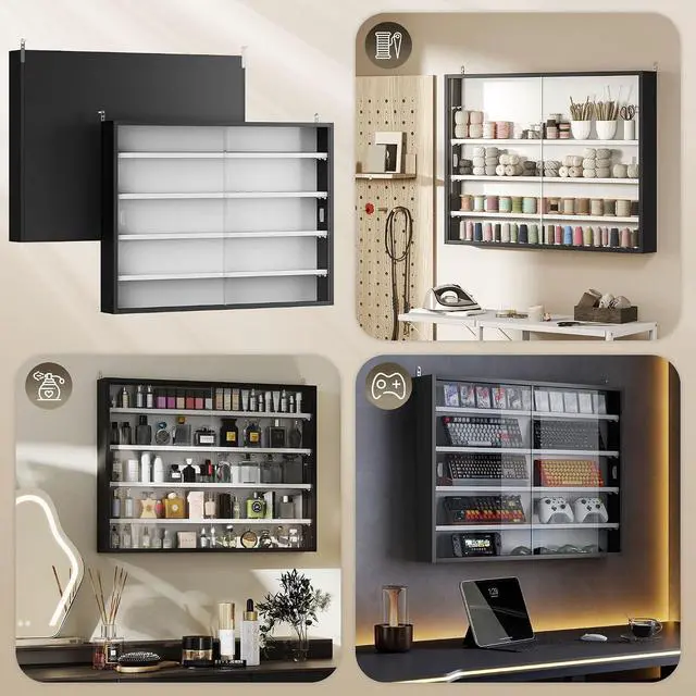 Alt view image 7 of 7 - 5-Tier Wall Mounted Display Cabinet Glass Doors 60x80cm Black/White | Display Case, 4 Adjustable Shelves, for Home Office Ornaments