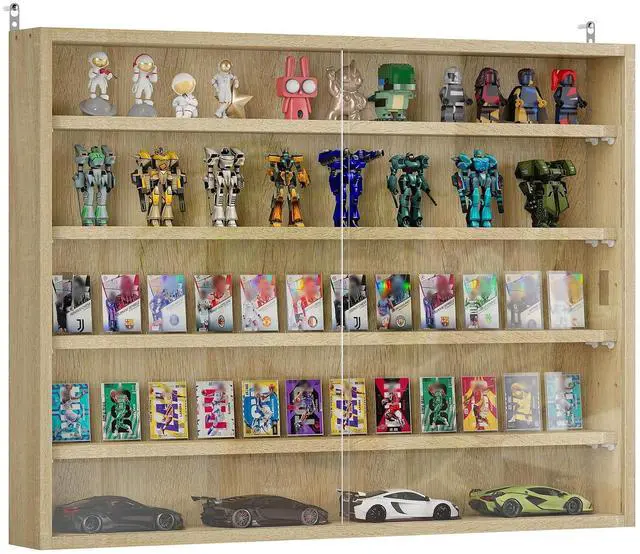 Main image of 5-Tier Wall Mounted Display Cabinet Glass Doors 60x80cm Oak | Display Case, 4 Adjustable Shelves, for Home Office Ornaments