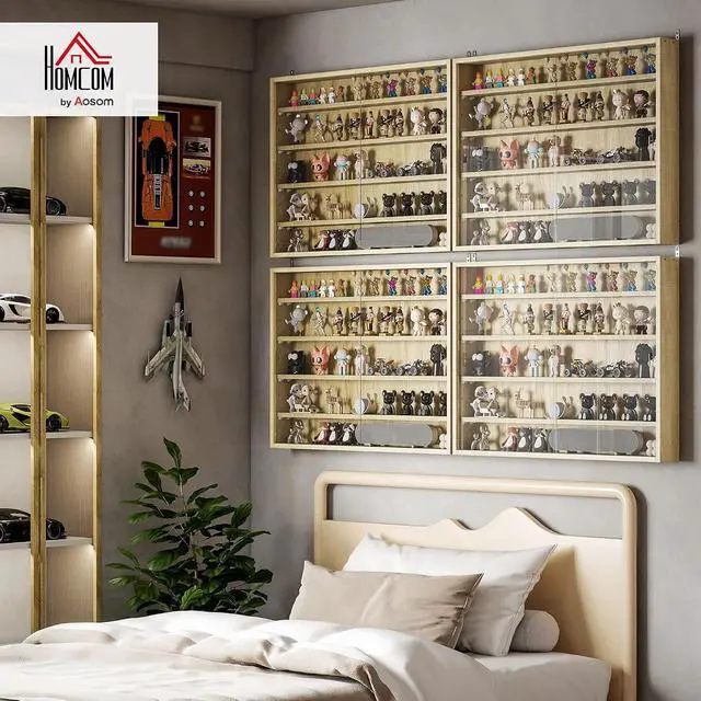 Alt view image 2 of 7 - 5-Tier Wall Mounted Display Cabinet Glass Doors 60x80cm Oak | Display Case, 4 Adjustable Shelves, for Home Office Ornaments
