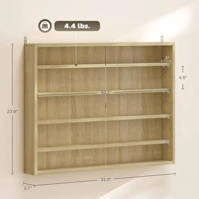 Alt view image 3 of 7 - 5-Tier Wall Mounted Display Cabinet Glass Doors 60x80cm Oak | Display Case, 4 Adjustable Shelves, for Home Office Ornaments