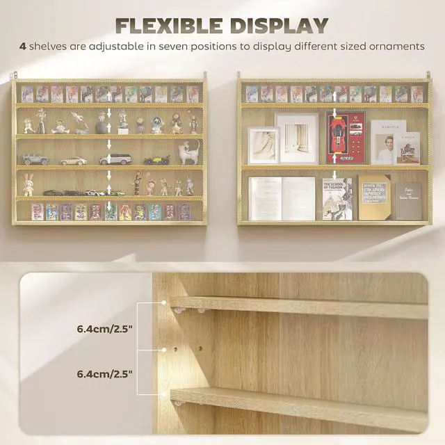 Alt view image 4 of 7 - 5-Tier Wall Mounted Display Cabinet Glass Doors 60x80cm Oak | Display Case, 4 Adjustable Shelves, for Home Office Ornaments