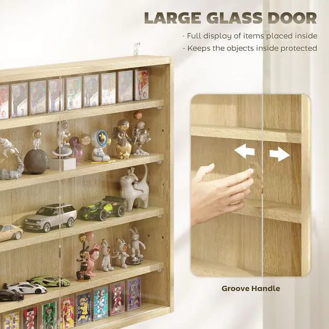 Alt view image 5 of 7 - 5-Tier Wall Mounted Display Cabinet Glass Doors 60x80cm Oak | Display Case, 4 Adjustable Shelves, for Home Office Ornaments