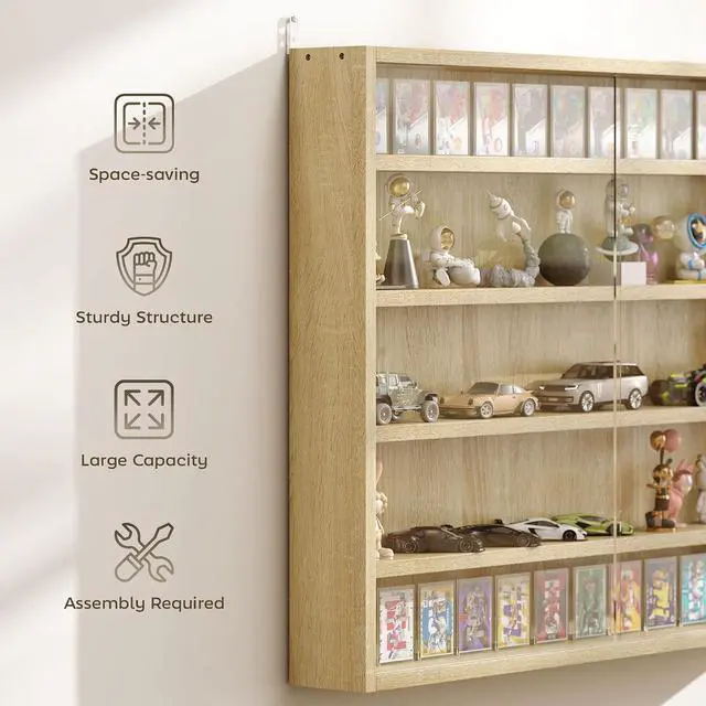 Alt view image 6 of 7 - 5-Tier Wall Mounted Display Cabinet Glass Doors 60x80cm Oak | Display Case, 4 Adjustable Shelves, for Home Office Ornaments