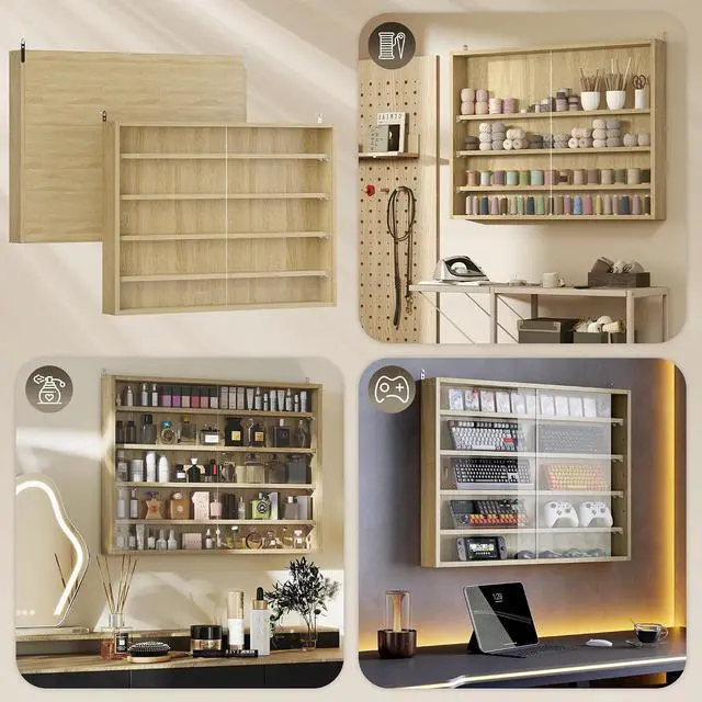Alt view image 7 of 7 - 5-Tier Wall Mounted Display Cabinet Glass Doors 60x80cm Oak | Display Case, 4 Adjustable Shelves, for Home Office Ornaments