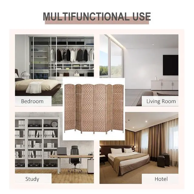 Alt view image 5 of 7 - Room Divider 6-Panel, 6FT-Tall Folding Privacy Screen, Natural | Freestanding Partition, Hand-Woven Design, for Room Separation, 360° Hinges, Paper Rope Diamond Weave