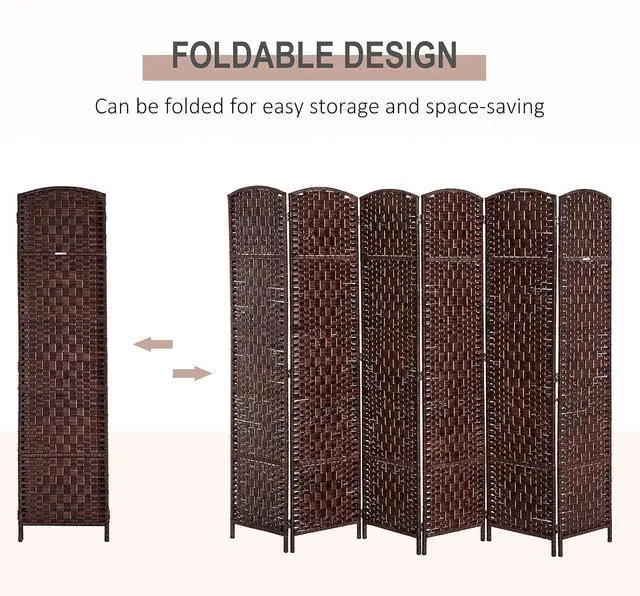 Alt view image 3 of 7 - Room Divider 6-Panel, 6FT-Tall Folding Privacy Screen, Brown | Freestanding Partition, Hand-Woven Design, for Room Separation, 360° Hinges, Paper Rope Diamond Weave
