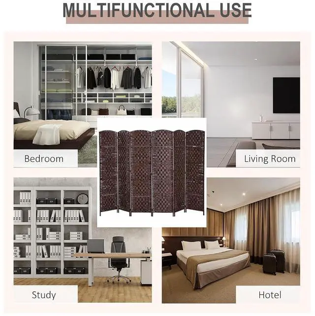 Alt view image 5 of 7 - Room Divider 6-Panel, 6FT-Tall Folding Privacy Screen, Brown | Freestanding Partition, Hand-Woven Design, for Room Separation, 360° Hinges, Paper Rope Diamond Weave