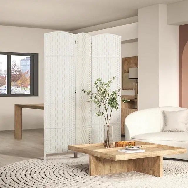 Alt view image 2 of 7 - Room Divider 3-Panel, 6FT-Tall Folding Privacy Screen, White | Freestanding Partition, Hand-Woven Design, for Room Separation, 360° Hinges, Paper Rope Diamond Weave