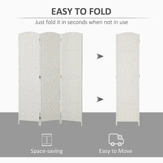 Alt view image 3 of 7 - Room Divider 3-Panel, 6FT-Tall Folding Privacy Screen, White | Freestanding Partition, Hand-Woven Design, for Room Separation, 360° Hinges, Paper Rope Diamond Weave