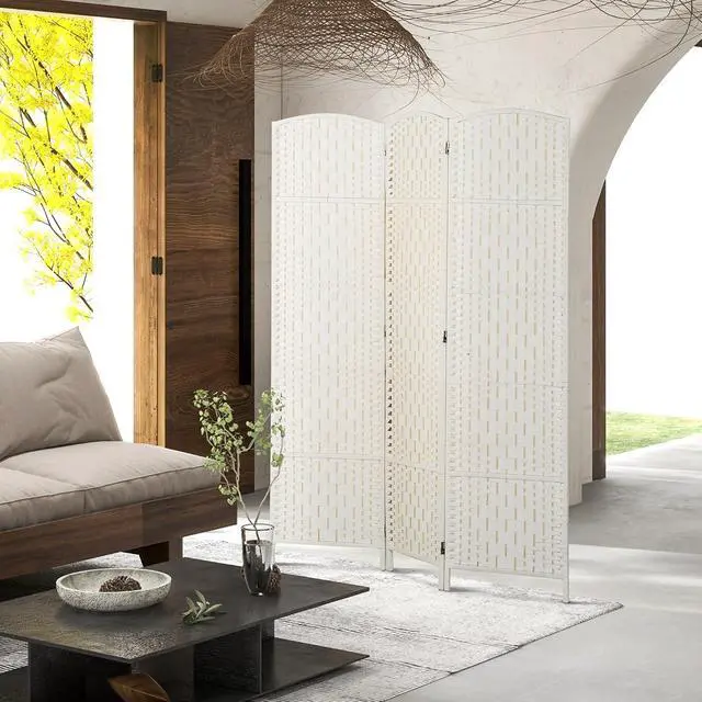 Alt view image 6 of 7 - Room Divider 3-Panel, 6FT-Tall Folding Privacy Screen, White | Freestanding Partition, Hand-Woven Design, for Room Separation, 360° Hinges, Paper Rope Diamond Weave