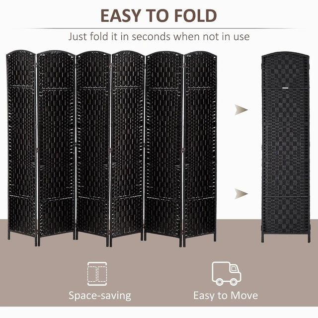 Alt view image 3 of 7 - Room Divider 6-Panel, 6FT-Tall Folding Privacy Screen, Black | Freestanding Partition, Hand-Woven Design, for Room Separation, 360° Hinges, Paper Rope Diamond Weave