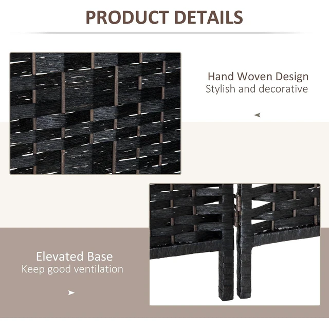 Alt view image 5 of 7 - Room Divider 6-Panel, 6FT-Tall Folding Privacy Screen, Black | Freestanding Partition, Hand-Woven Design, for Room Separation, 360° Hinges, Paper Rope Diamond Weave