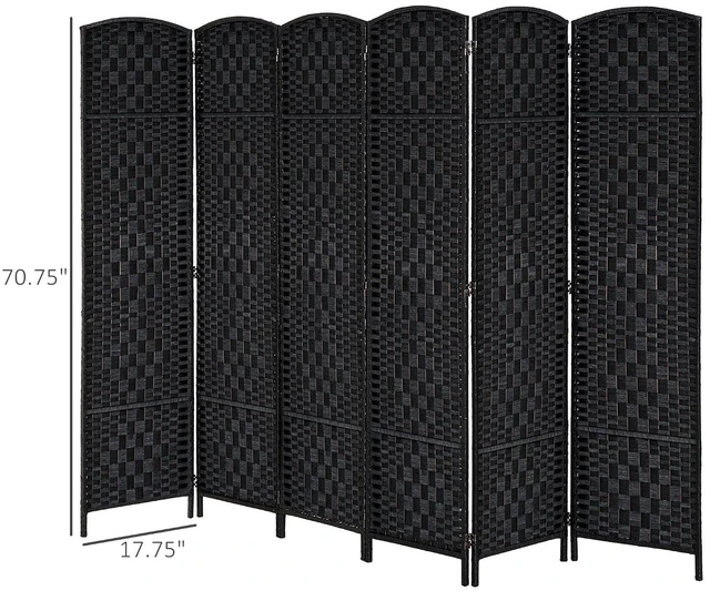 Alt view image 7 of 7 - Room Divider 6-Panel, 6FT-Tall Folding Privacy Screen, Black | Freestanding Partition, Hand-Woven Design, for Room Separation, 360° Hinges, Paper Rope Diamond Weave