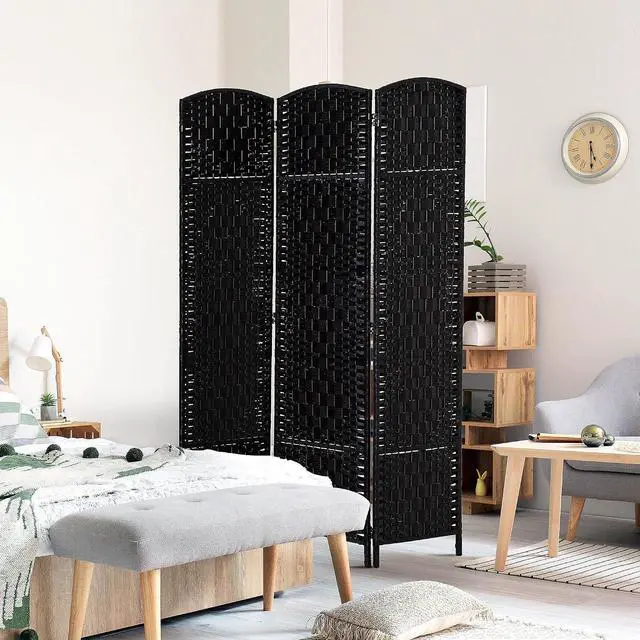 Alt view image 2 of 7 - Room Divider 3-Panel, 6FT-Tall Folding Privacy Screen, Black | Freestanding Partition, Hand-Woven Design, for Room Separation, 360° Hinges, Paper Rope Diamond Weave
