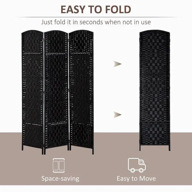 Alt view image 3 of 7 - Room Divider 3-Panel, 6FT-Tall Folding Privacy Screen, Black | Freestanding Partition, Hand-Woven Design, for Room Separation, 360° Hinges, Paper Rope Diamond Weave