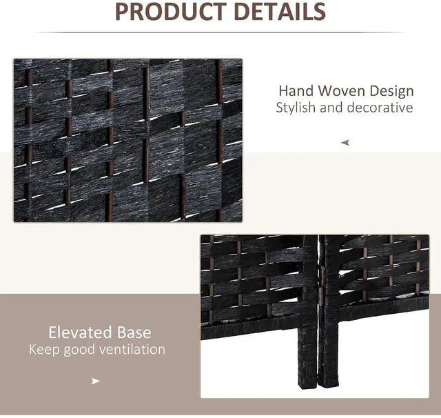 Alt view image 5 of 7 - Room Divider 3-Panel, 6FT-Tall Folding Privacy Screen, Black | Freestanding Partition, Hand-Woven Design, for Room Separation, 360° Hinges, Paper Rope Diamond Weave