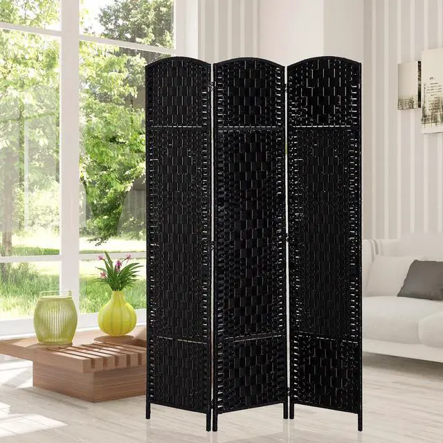 Alt view image 6 of 7 - Room Divider 3-Panel, 6FT-Tall Folding Privacy Screen, Black | Freestanding Partition, Hand-Woven Design, for Room Separation, 360° Hinges, Paper Rope Diamond Weave
