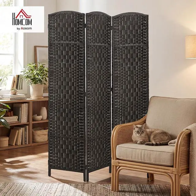 Alt view image 2 of 7 - Room Divider 3-Panel, 6FT-Tall Folding Privacy Screen, Coffee | Freestanding Partition, Hand-Woven Design, for Room Separation, 360° Hinges, Paper Rope Diamond Weave