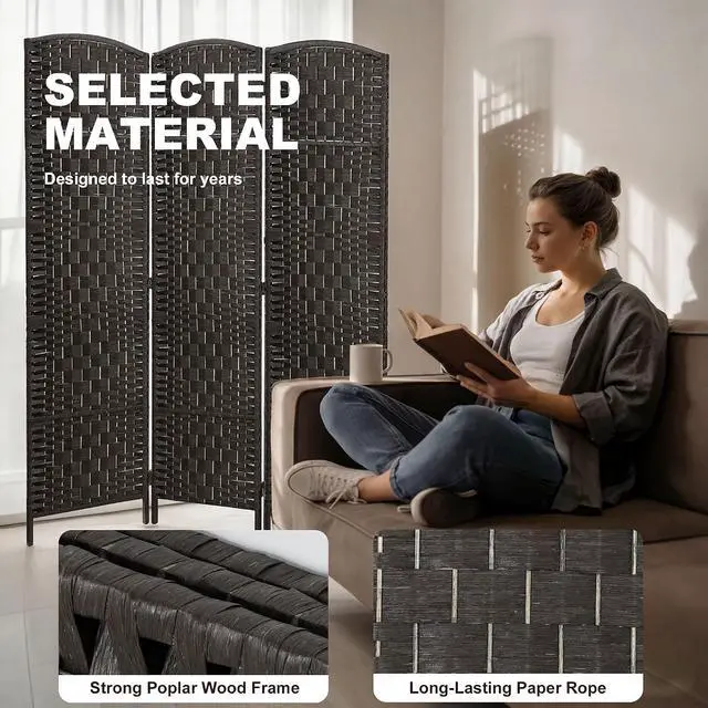 Alt view image 5 of 7 - Room Divider 3-Panel, 6FT-Tall Folding Privacy Screen, Coffee | Freestanding Partition, Hand-Woven Design, for Room Separation, 360° Hinges, Paper Rope Diamond Weave