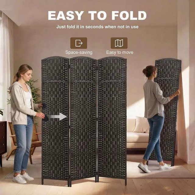 Alt view image 3 of 7 - Room Divider 3-Panel, 6FT-Tall Folding Privacy Screen, Coffee | Freestanding Partition, Hand-Woven Design, for Room Separation, 360° Hinges, Paper Rope Diamond Weave