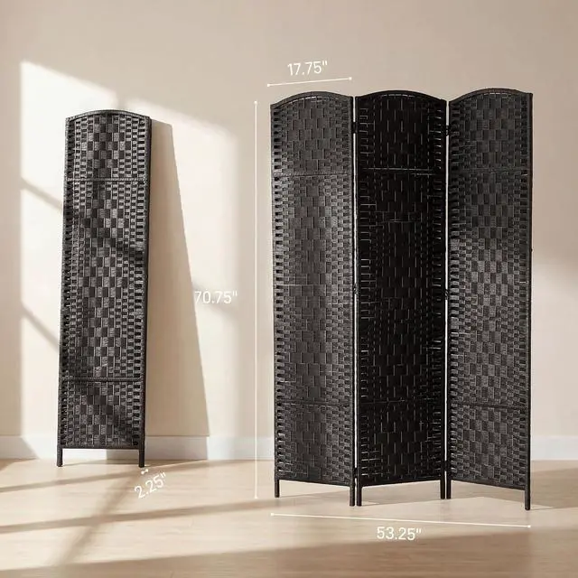 Alt view image 7 of 7 - Room Divider 3-Panel, 6FT-Tall Folding Privacy Screen, Coffee | Freestanding Partition, Hand-Woven Design, for Room Separation, 360° Hinges, Paper Rope Diamond Weave