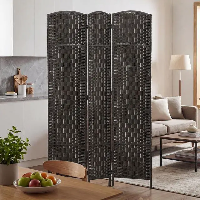 Alt view image 6 of 7 - Room Divider 3-Panel, 6FT-Tall Folding Privacy Screen, Coffee | Freestanding Partition, Hand-Woven Design, for Room Separation, 360° Hinges, Paper Rope Diamond Weave