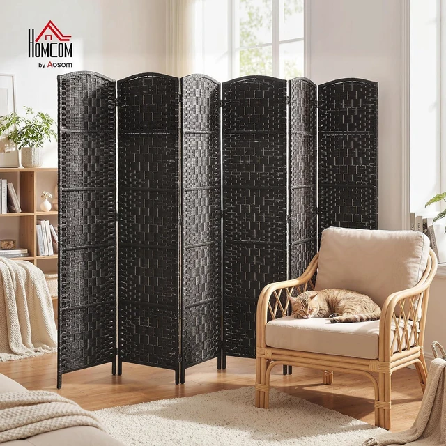 Alt view image 2 of 7 - Room Divider 6-Panel, 6FT-Tall Folding Privacy Screen, Coffee | Freestanding Partition, Hand-Woven Design, for Room Separation, 360° Hinges, Paper Rope Diamond Weave