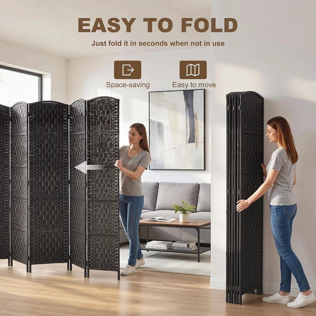 Alt view image 3 of 7 - Room Divider 6-Panel, 6FT-Tall Folding Privacy Screen, Coffee | Freestanding Partition, Hand-Woven Design, for Room Separation, 360° Hinges, Paper Rope Diamond Weave