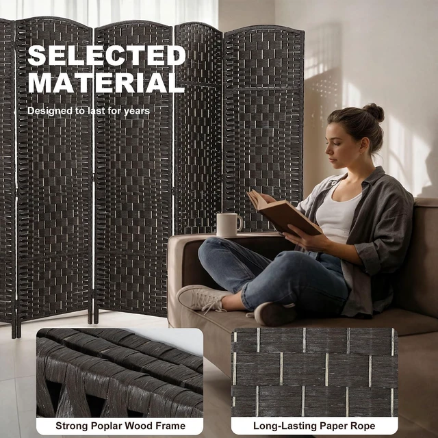 Alt view image 5 of 7 - Room Divider 6-Panel, 6FT-Tall Folding Privacy Screen, Coffee | Freestanding Partition, Hand-Woven Design, for Room Separation, 360° Hinges, Paper Rope Diamond Weave