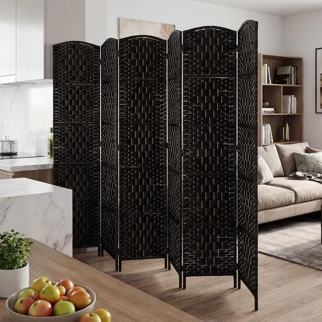 Alt view image 6 of 7 - Room Divider 6-Panel, 6FT-Tall Folding Privacy Screen, Coffee | Freestanding Partition, Hand-Woven Design, for Room Separation, 360° Hinges, Paper Rope Diamond Weave
