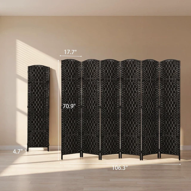 Alt view image 7 of 7 - Room Divider 6-Panel, 6FT-Tall Folding Privacy Screen, Coffee | Freestanding Partition, Hand-Woven Design, for Room Separation, 360° Hinges, Paper Rope Diamond Weave