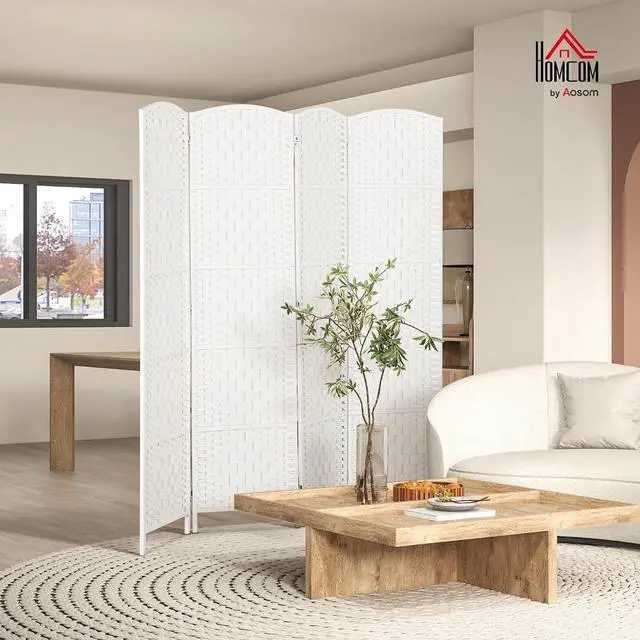 Alt view image 2 of 7 - Room Divider 4-Panel, 6FT-Tall Folding Privacy Screen, White | Freestanding Partition, Hand-Woven Design, for Room Separation, 360° Hinges, Paper Rope Diamond Weave