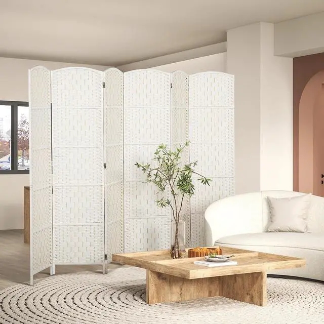 Alt view image 2 of 7 - Room Divider 6 Panel Freestanding 6FT Tall Privacy Screen White | Freestanding Partition, Hand-Woven Design, for Room Separation, 360° Hinges, Paper Rope Diamond Weave