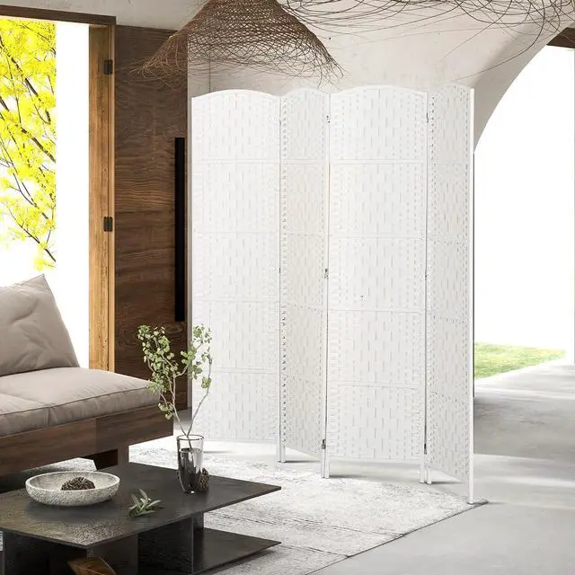 Alt view image 6 of 7 - Room Divider 4-Panel, 6FT-Tall Folding Privacy Screen, White | Freestanding Partition, Hand-Woven Design, for Room Separation, 360° Hinges, Paper Rope Diamond Weave