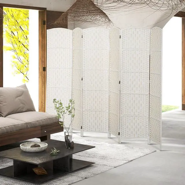 Alt view image 6 of 7 - Room Divider 6 Panel Freestanding 6FT Tall Privacy Screen White | Freestanding Partition, Hand-Woven Design, for Room Separation, 360° Hinges, Paper Rope Diamond Weave